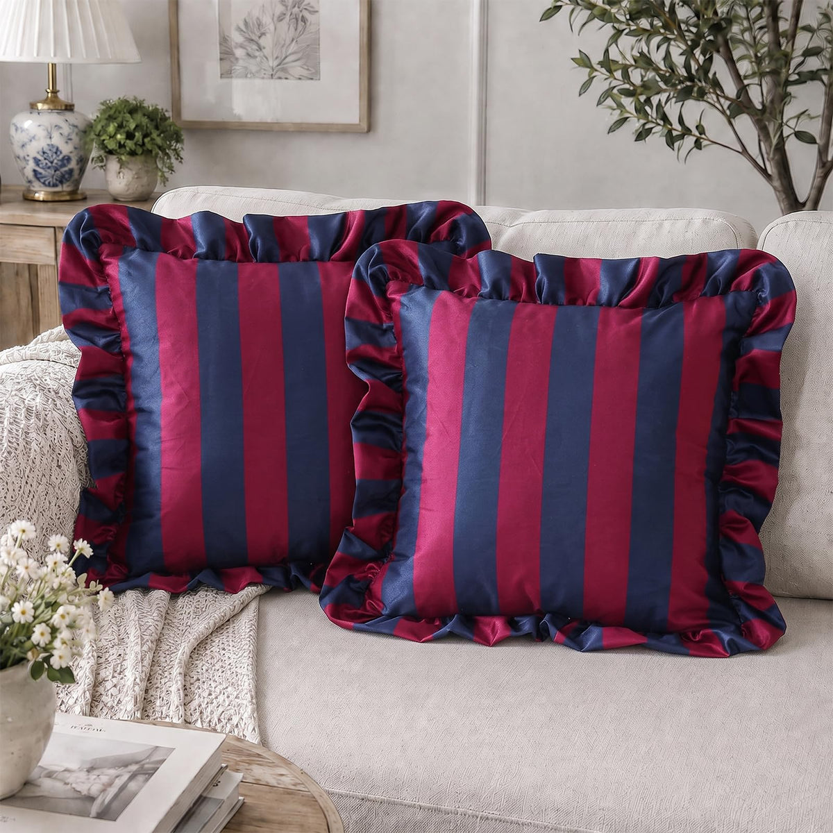 Ruffled Striped Velvet Pillow Covers - Navy Blue and Burgundy