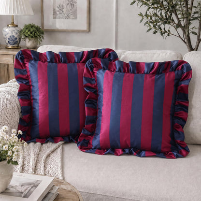 Ruffled Striped Velvet Pillow Covers - Navy Blue and Burgundy