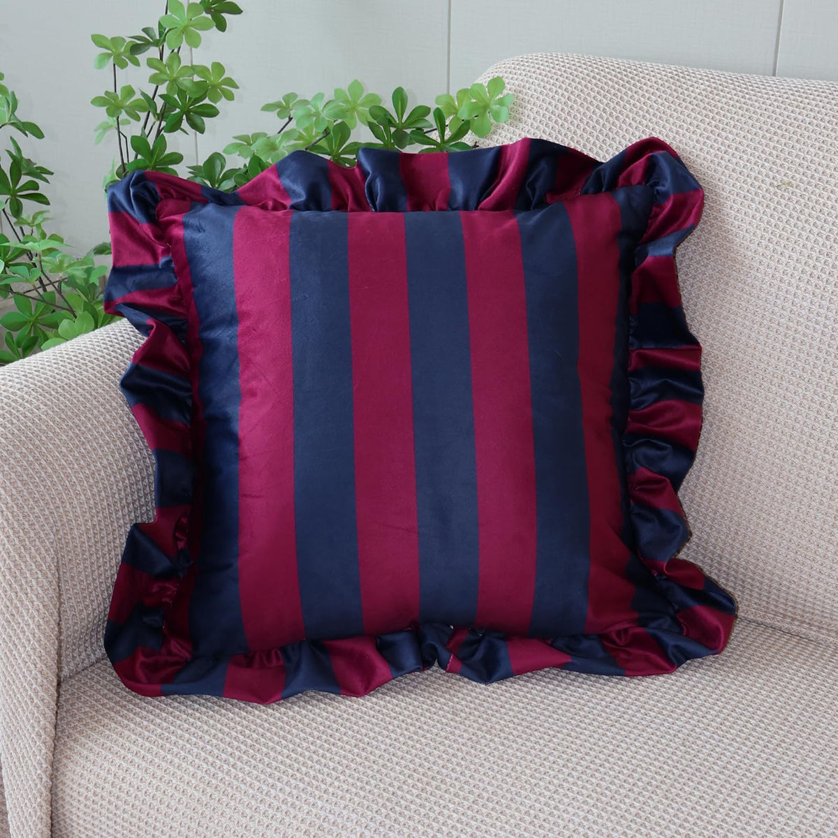Ruffled Striped Velvet Pillow Covers - Navy Blue and Burgundy