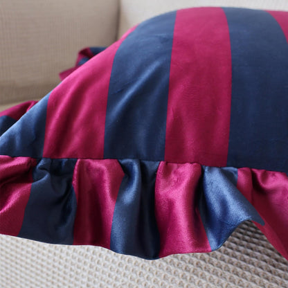 Ruffled Striped Velvet Pillow Covers - Navy Blue and Burgundy