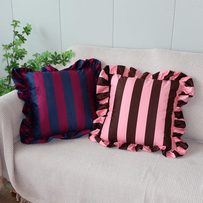 Ruffled Striped Velvet Pillow Covers - Navy Blue and Burgundy