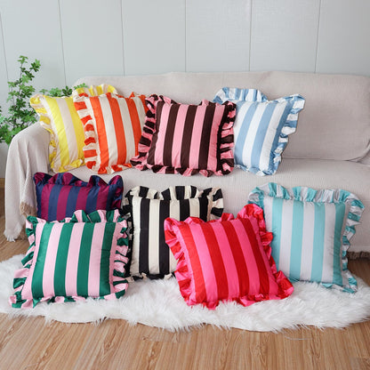 Ruffled Striped Velvet Pillow Covers - Navy Blue and Burgundy