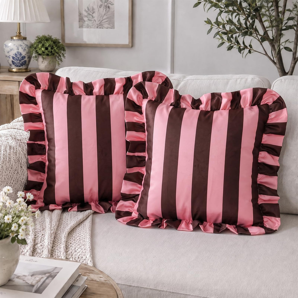 Ruffled Striped Velvet Pillow Covers - Chocolate and Pink