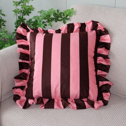 Ruffled Striped Velvet Pillow Covers - Chocolate and Pink