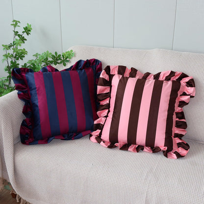 Ruffled Striped Velvet Pillow Covers - Chocolate and Pink
