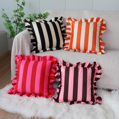 Ruffled Striped Velvet Pillow Covers - Chocolate and Pink