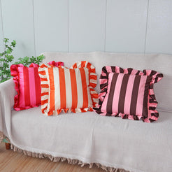 Ruffled Striped Velvet Pillow Covers - Chocolate and Pink