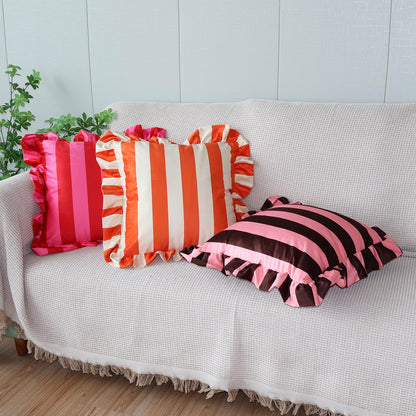 Ruffled Striped Velvet Pillow Covers - Chocolate and Pink