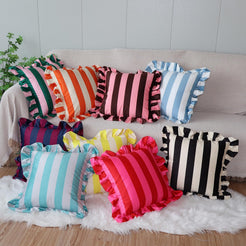 Ruffled Striped Velvet Pillow Covers - Chocolate and Pink