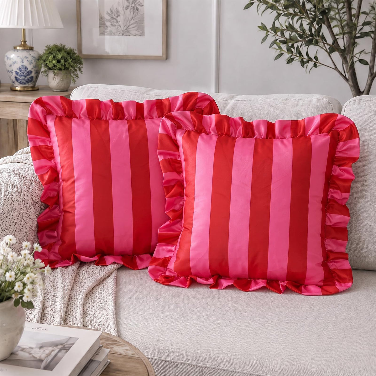 Ruffled Striped Velvet Pillow Covers - Red and Pink
