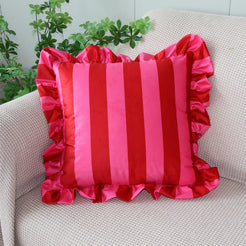 Ruffled Striped Velvet Pillow Covers - Red and Pink
