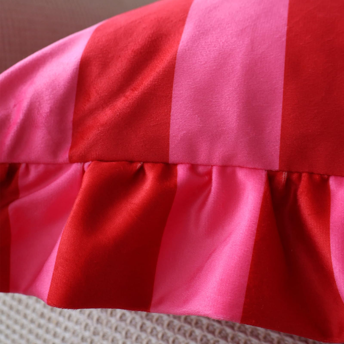 Ruffled Striped Velvet Pillow Covers - Red and Pink
