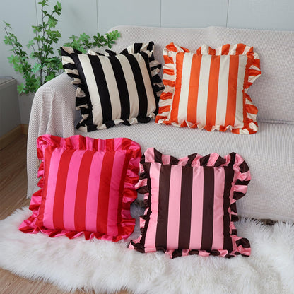 Ruffled Striped Velvet Pillow Covers - Red and Pink