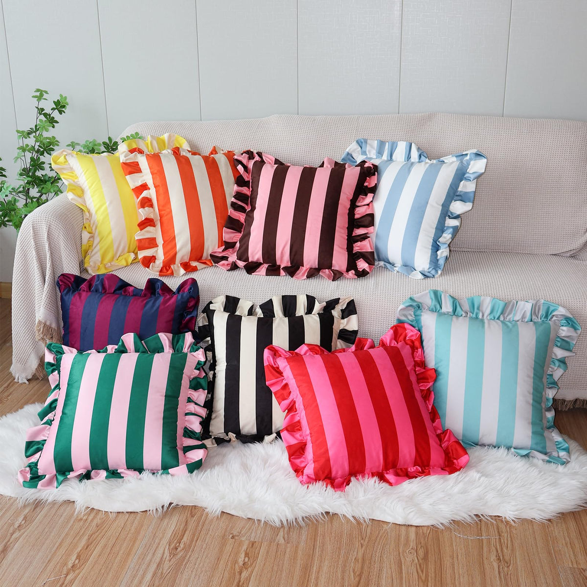 Ruffled Striped Velvet Pillow Covers - Red and Pink