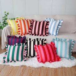 Ruffled Striped Velvet Pillow Covers - Red and Pink