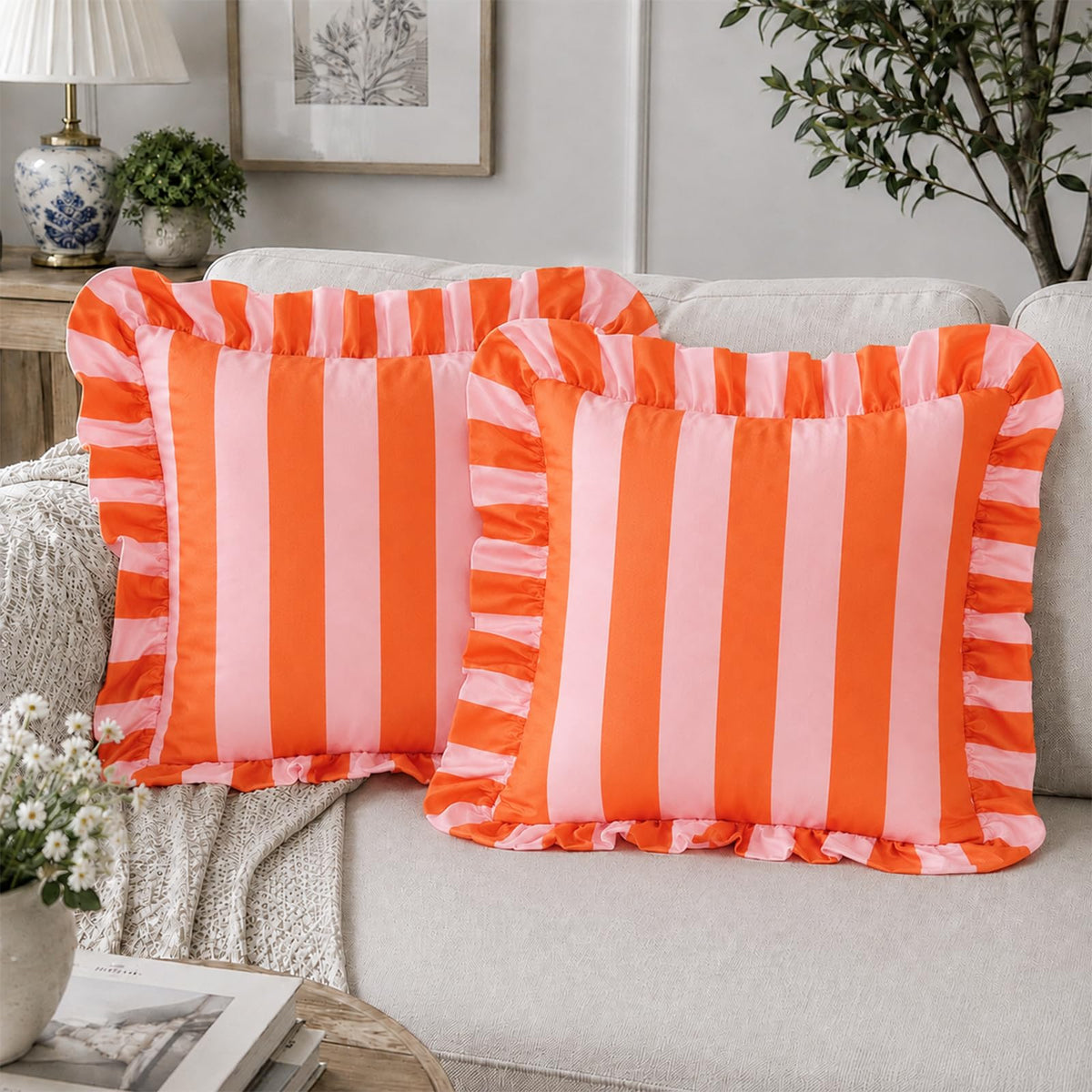Ruffled Striped Velvet Pillow Covers - Bright Orange and Pink