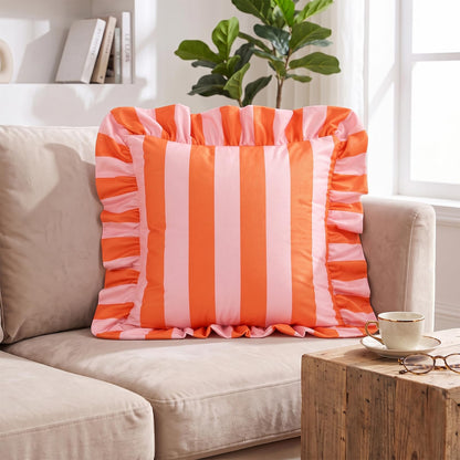 Ruffled Striped Velvet Pillow Covers - Bright Orange and Pink