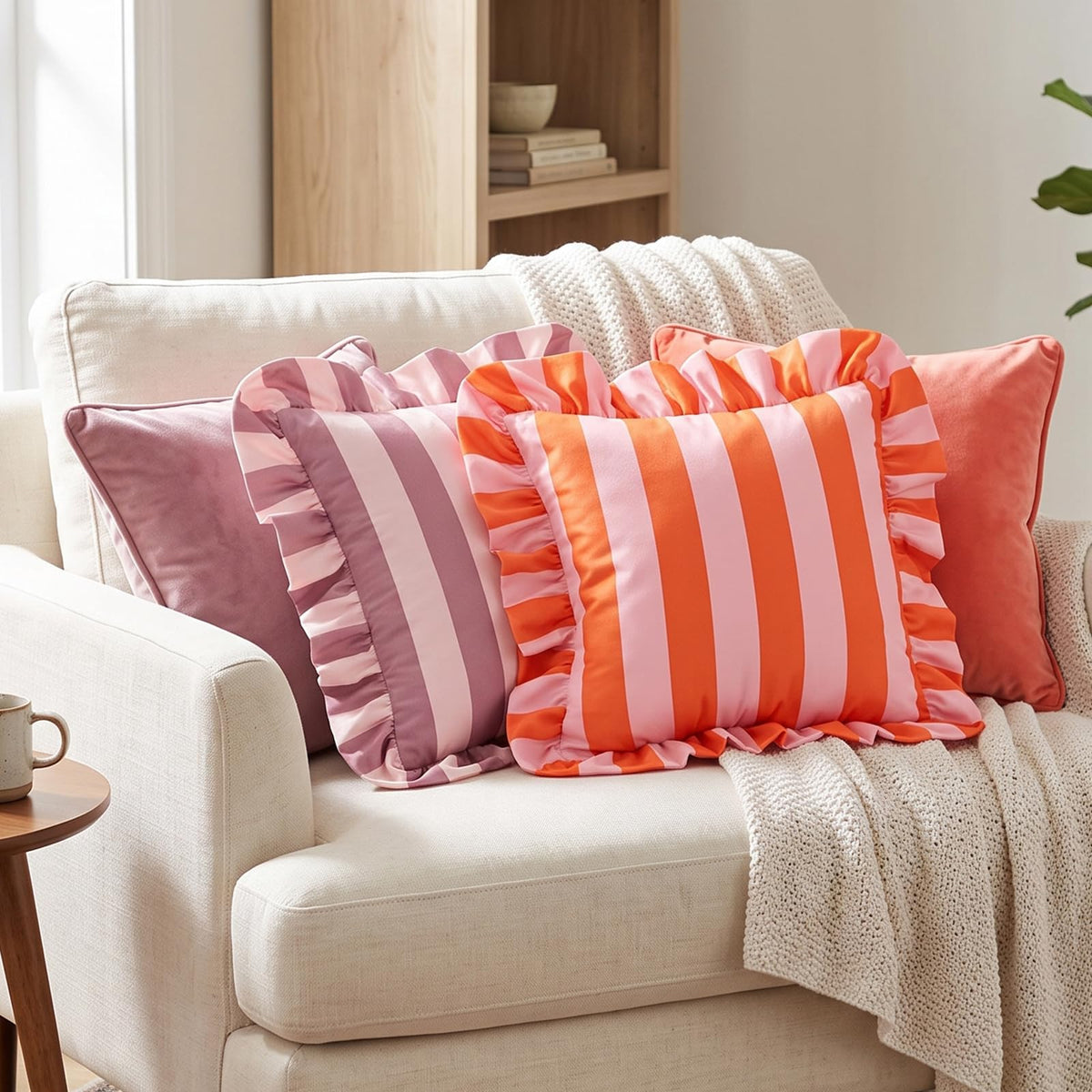 Ruffled Striped Velvet Pillow Covers - Bright Orange and Pink