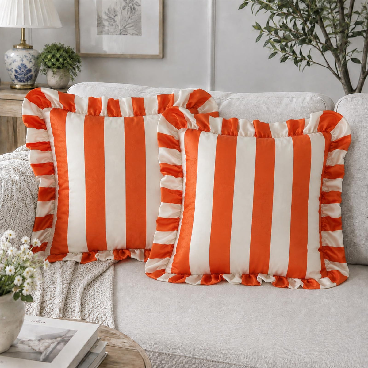 Ruffled Striped Velvet Pillow Covers - Bright Orange and Beige