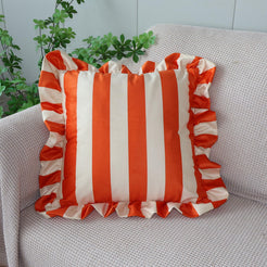 Ruffled Striped Velvet Pillow Covers - Bright Orange and Beige