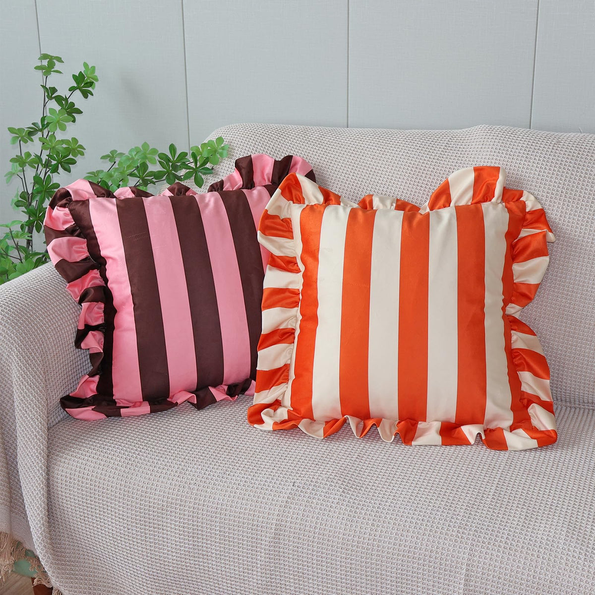 Ruffled Striped Velvet Pillow Covers - Bright Orange and Beige