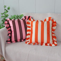 Ruffled Striped Velvet Pillow Covers - Bright Orange and Beige
