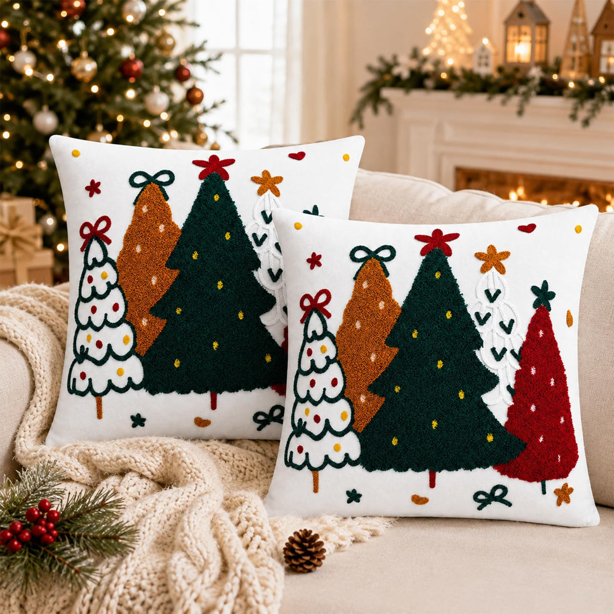Colorful Tufted Christmas Tree Pillow Covers - Colorful Christmas Tree