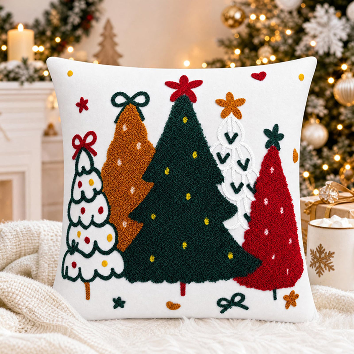 Colorful Tufted Christmas Tree Pillow Covers - Colorful Christmas Tree