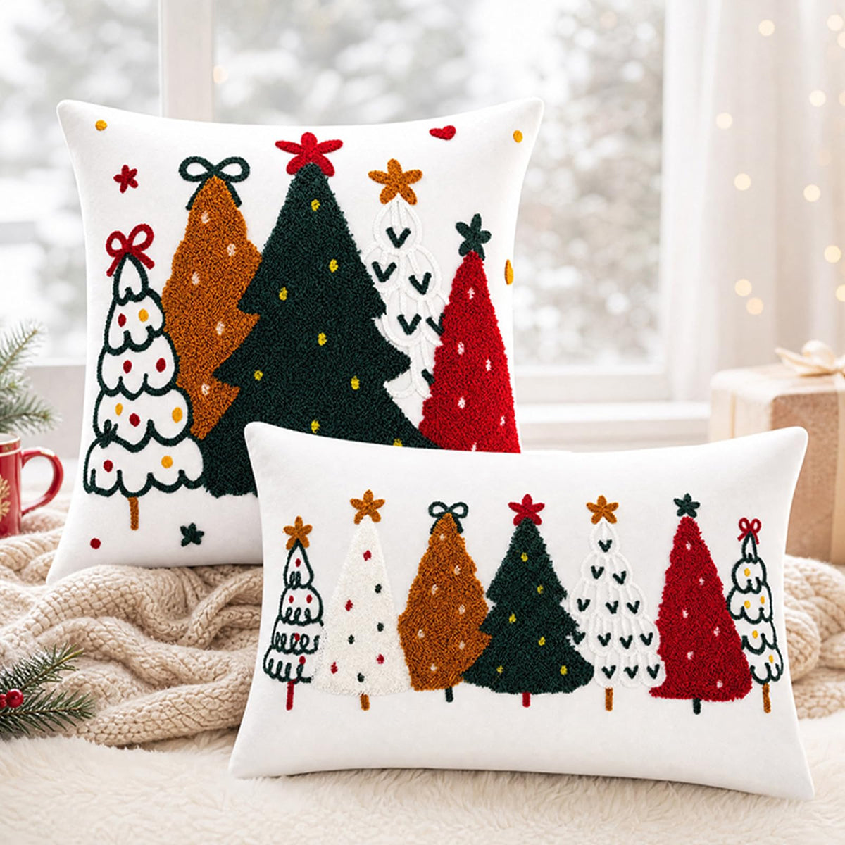 Colorful Tufted Christmas Tree Pillow Covers - Colorful Christmas Tree