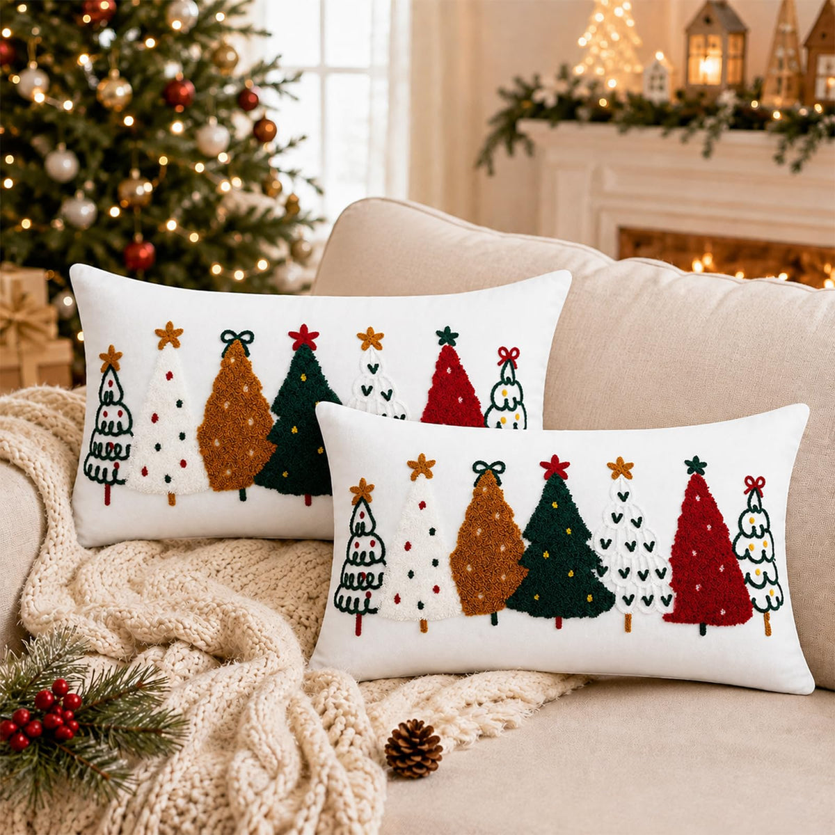 Colorful Tufted Christmas Tree Pillow Covers - Colorful Christmas Tree