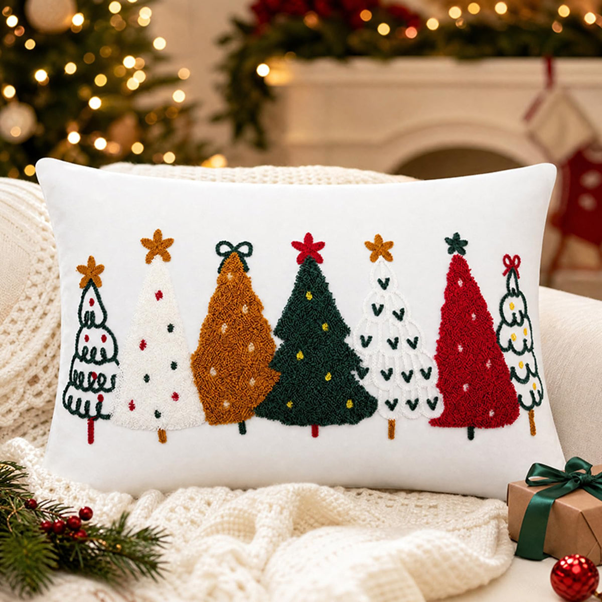 Colorful Tufted Christmas Tree Pillow Covers - Colorful Christmas Tree