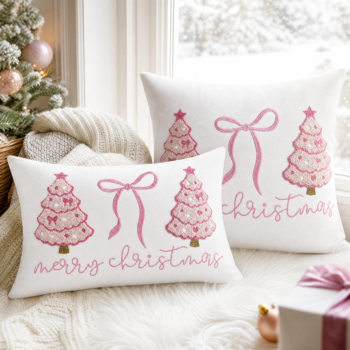 Colorful Tufted Christmas Tree Pillow Covers - Pink Christmas Tree