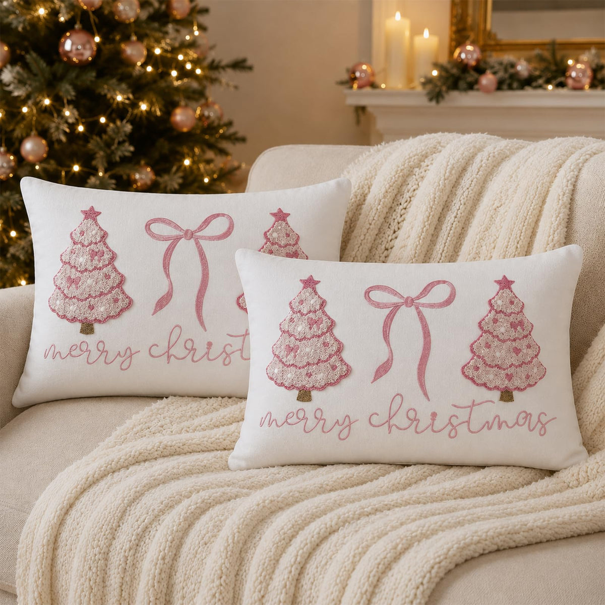 Colorful Tufted Christmas Tree Pillow Covers - Pink Christmas Tree