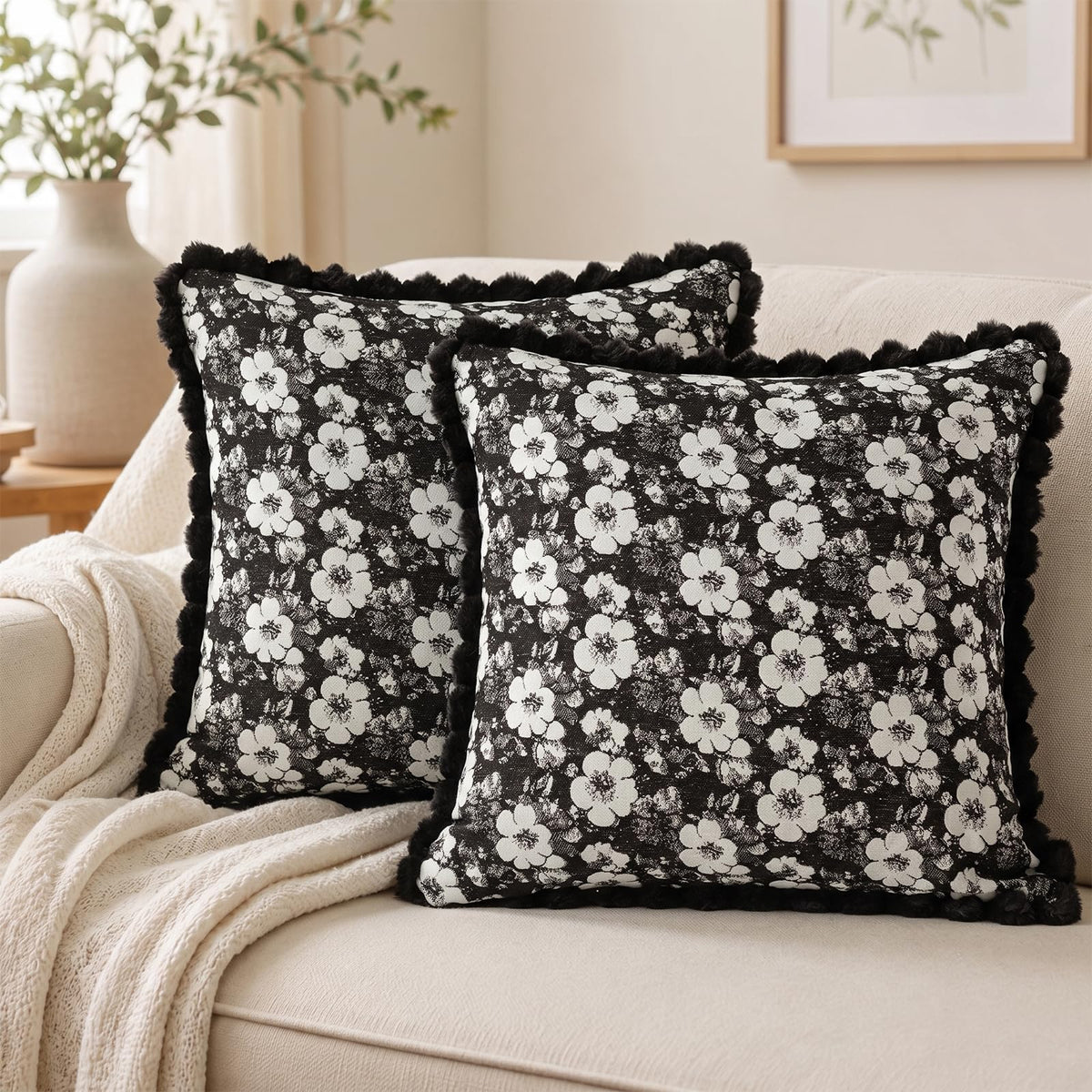 Floral Jacquard Pillow Covers with Pom-Pom Trim - Black
