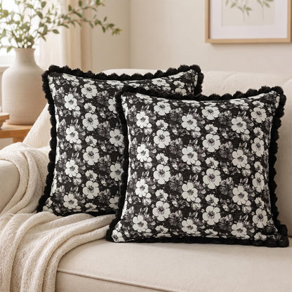Floral Jacquard Pillow Covers with Pom-Pom Trim - Black