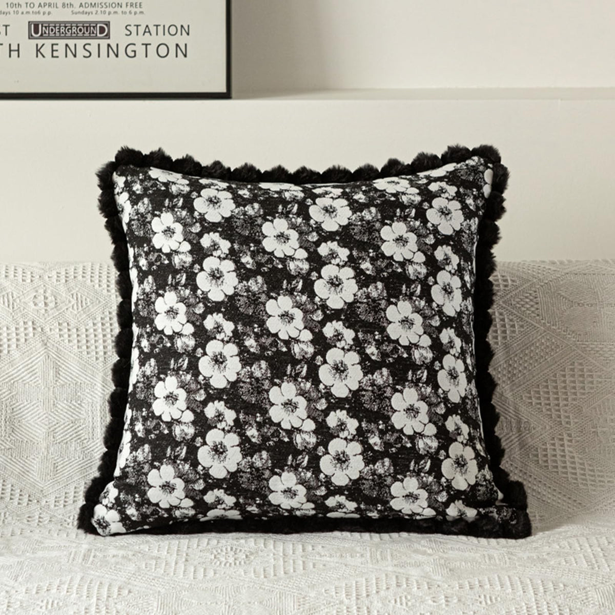Floral Jacquard Pillow Covers with Pom-Pom Trim - Black