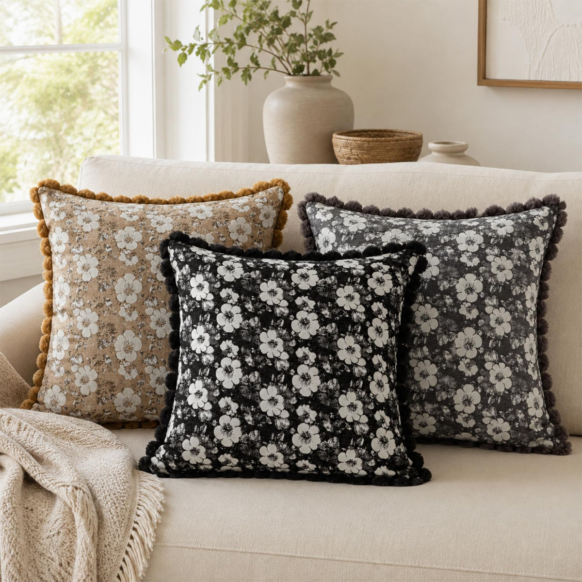 Floral Jacquard Pillow Covers with Pom-Pom Trim - Black