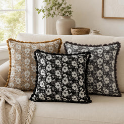 Floral Jacquard Pillow Covers with Pom-Pom Trim - Black