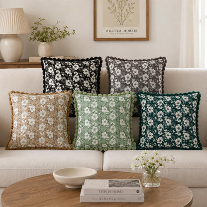 Floral Jacquard Pillow Covers with Pom-Pom Trim - Black