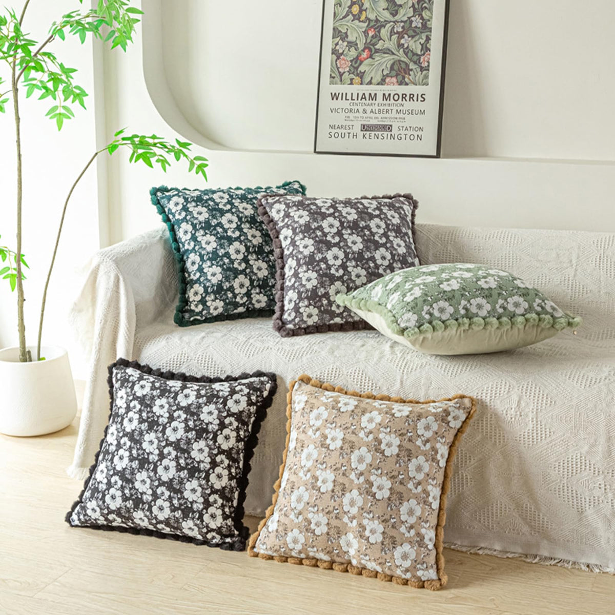 Floral Jacquard Pillow Covers with Pom-Pom Trim - Black
