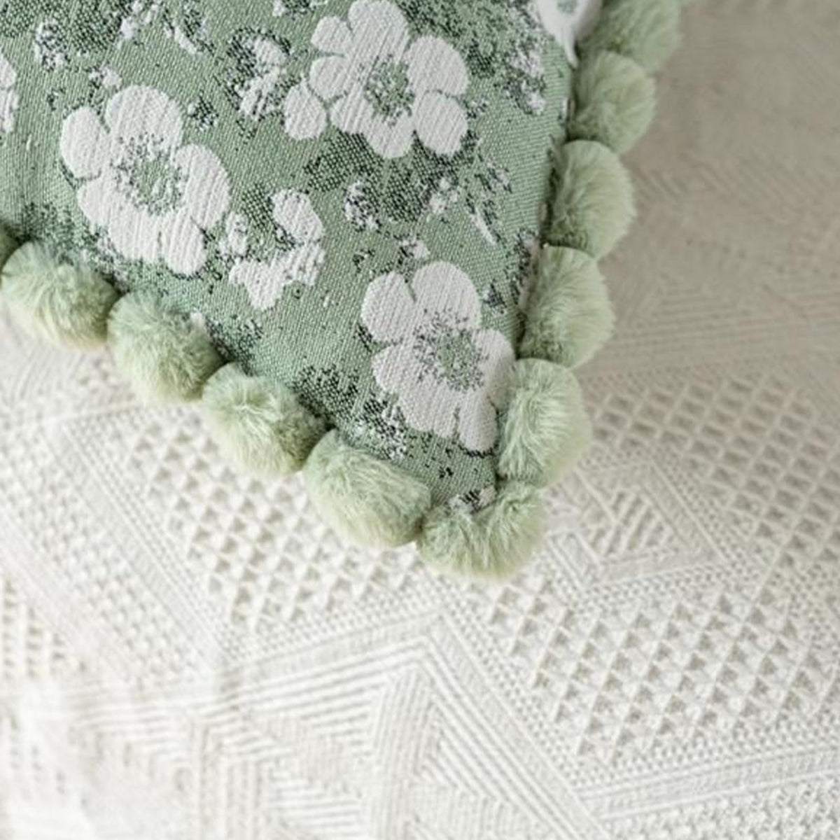 Floral Jacquard Pillow Covers with Pom-Pom Trim - Black