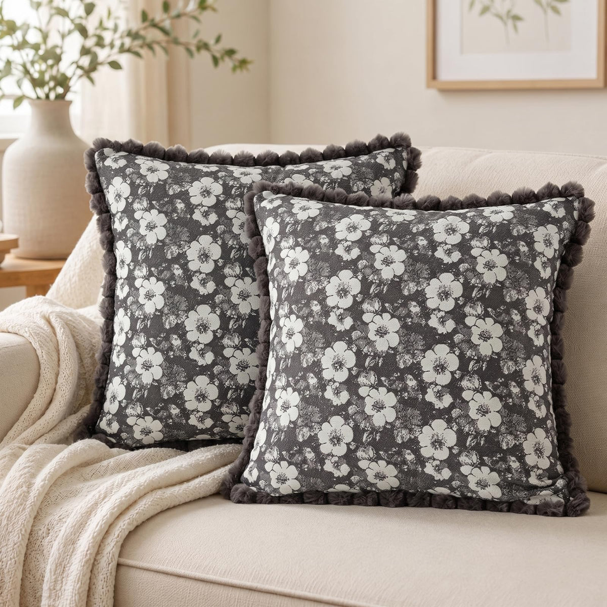 Floral Jacquard Pillow Covers with Pom-Pom Trim - Grey