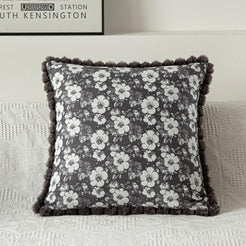 Floral Jacquard Pillow Covers with Pom-Pom Trim - Grey