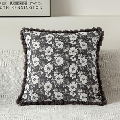 Floral Jacquard Pillow Covers with Pom-Pom Trim - Grey