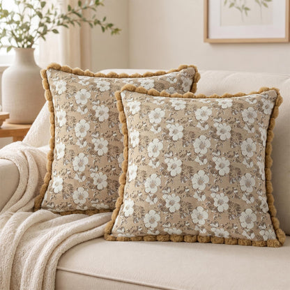 Floral Jacquard Pillow Covers with Pom-Pom Trim - Camel
