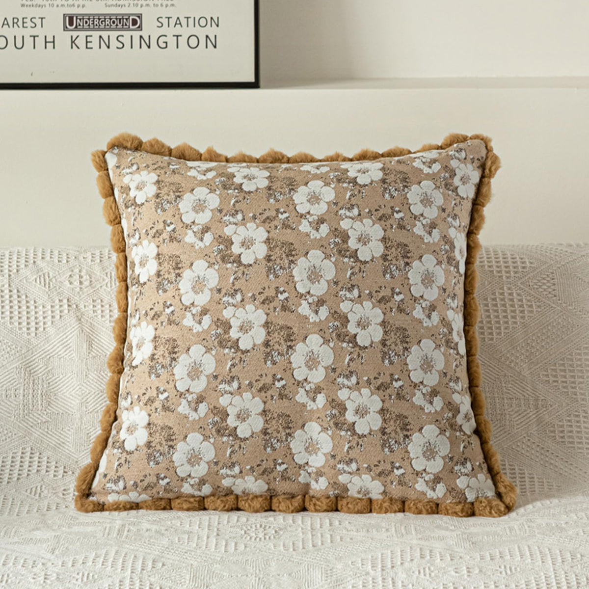 Floral Jacquard Pillow Covers with Pom-Pom Trim - Camel