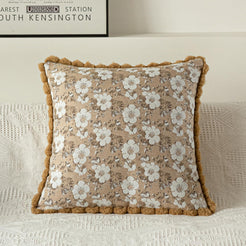 Floral Jacquard Pillow Covers with Pom-Pom Trim - Camel