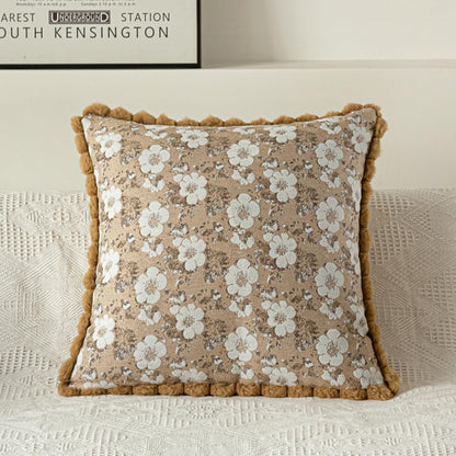 Floral Jacquard Pillow Covers with Pom-Pom Trim - Camel
