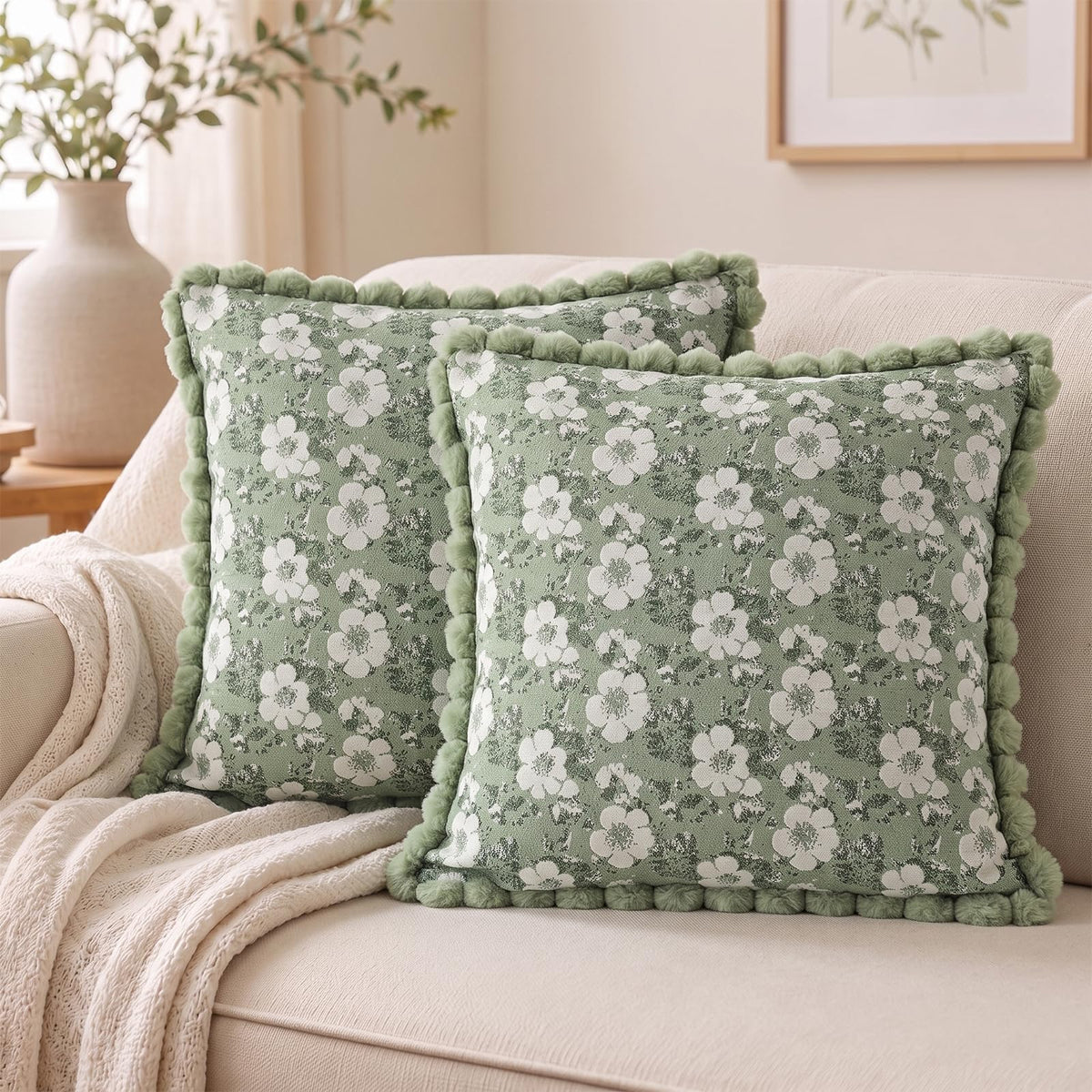Floral Jacquard Pillow Covers with Pom-Pom Trim - Sage Green