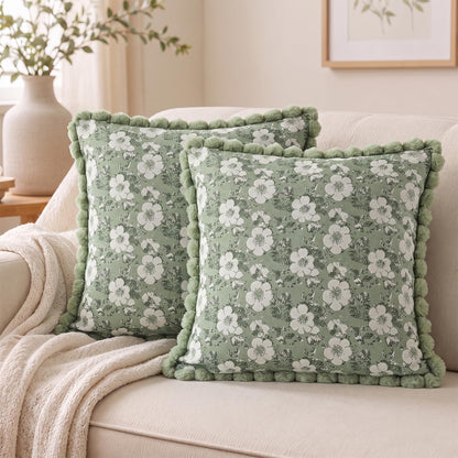 Floral Jacquard Pillow Covers with Pom-Pom Trim - Sage Green